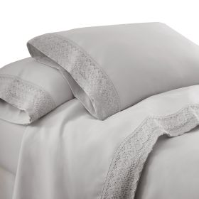 Udine 3 Piece Twin Size Microfiber Sheet Set with Crochet lace The Urban Port, Gray