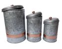 Galvanized Metal Lidded Canister With Copper Band, Set of Three, Gray